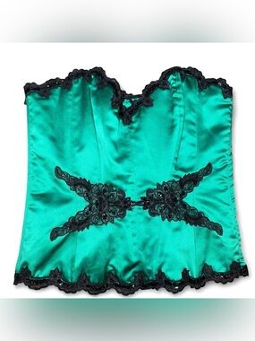 Fredrick’s of Hollywood Y2K emerald green satin corset black lace appliqué SZ 1X
